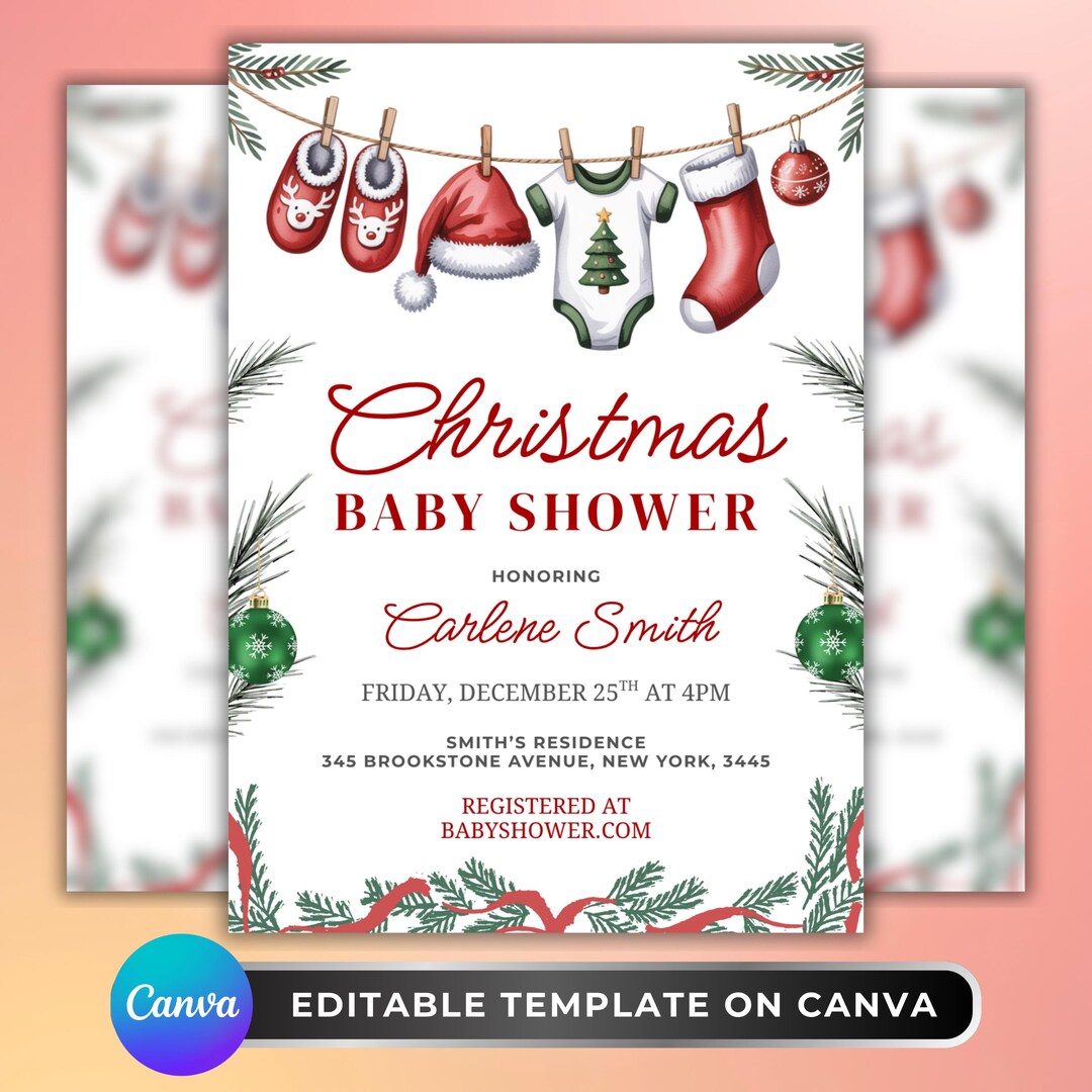 Invitación navideña para baby shower: plantilla editable de Canva con ...