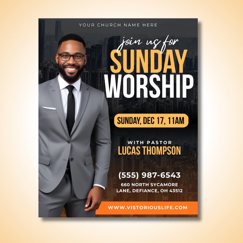 Modern church service flyer for Sunday worship and Christian gatherings — editable Canva template with faith-inspired layout and bold typography.