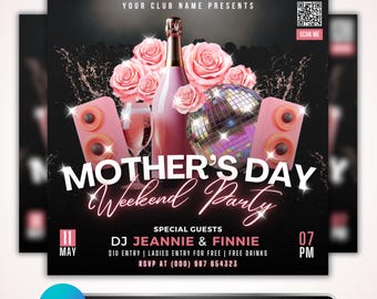 Mother's Day Party Flyer: Club Event, DJ Night, Ladies Free Entry Promo, Canva Template