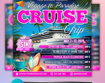 Cruise Trip Flyer, Travel Event Flyer Template, Vacation Party Flyer, Beach Party Flyer, Editable Cruise Flyer, Tropical Travel Template