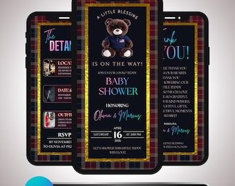 Baby Shower Video Invitation: Animated Teddy Bear Digital Invite, Elegant Neutral Canva Template