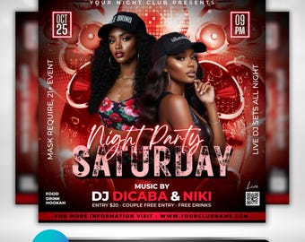 Red Night Club Party Flyer Template, Editable Saturday DJ Event Poster, Digital Nightlife Promotion Canva & Photoshop Flyer Design