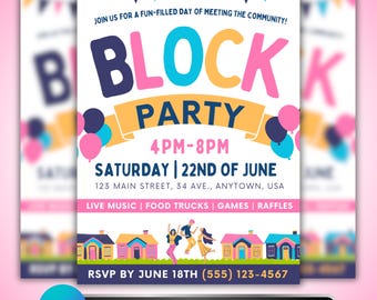 Block Party Flyer: Neighborhood Community Event Invitation, Summer Street Celebration Canva Template