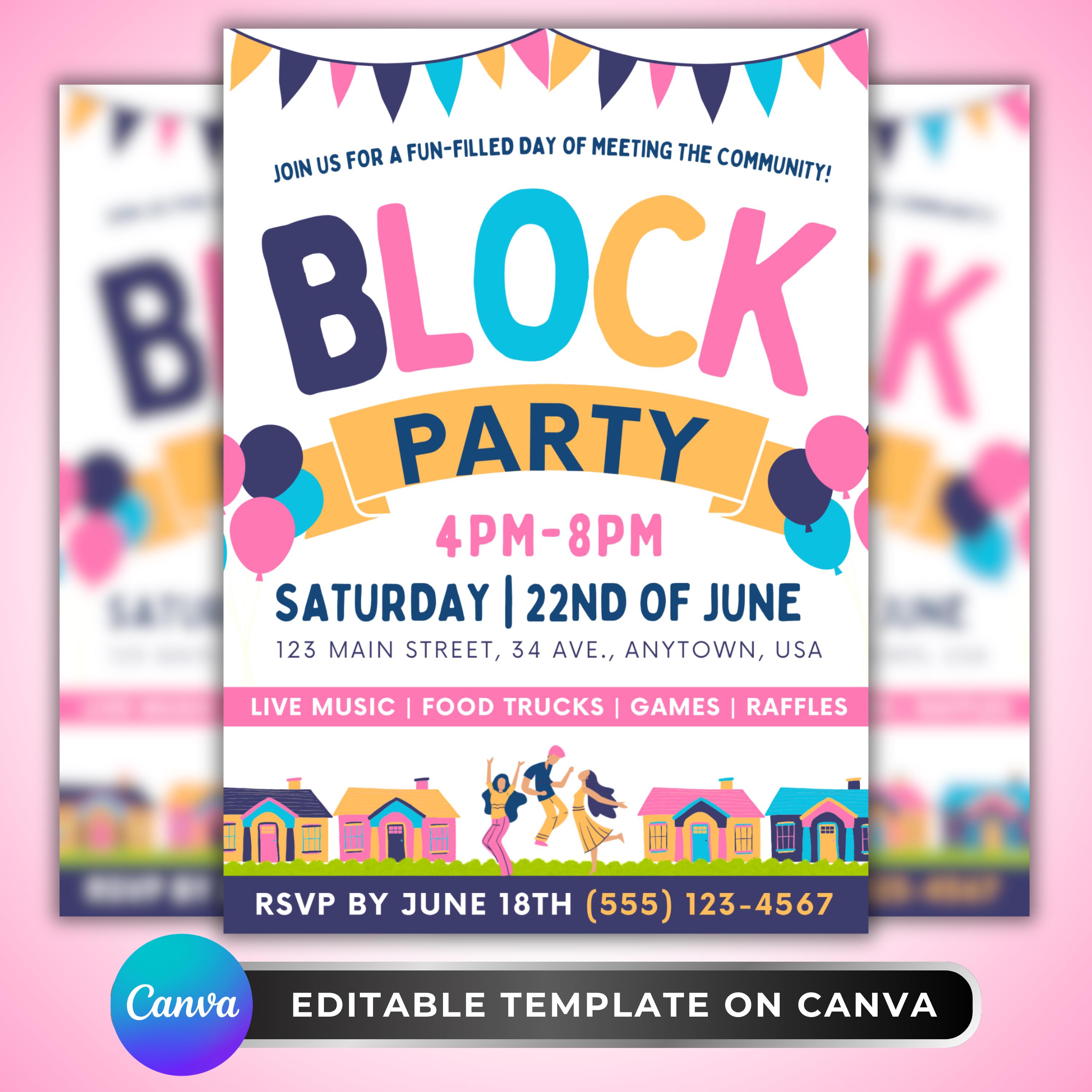 Block Party Flyer: Neighborhood Community Event Invitation, Summer ...