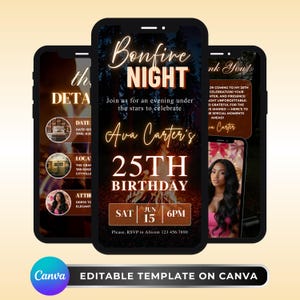 Puede incluir: Tres smartphones que muestran una invitación de cumpleaños. El teléfono central muestra "Bonfire Night" y "25 cumpleaños de Ava Carter" con detalles del evento. El diseño incluye una ilustración de hoguera y un fondo de bosque.