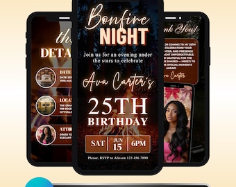 Bonfire Birthday Invitation: Animated Backyard Party Evite, Outdoor Fall Celebration, Canva Template