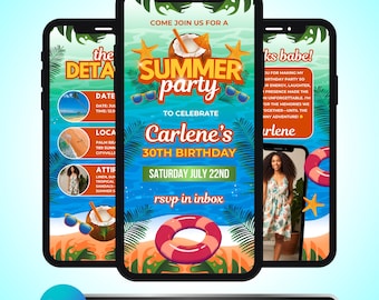Summer Birthday Video Invitation: Beach Pool Party Animated Invite, Tropical Event Details, Canva Template