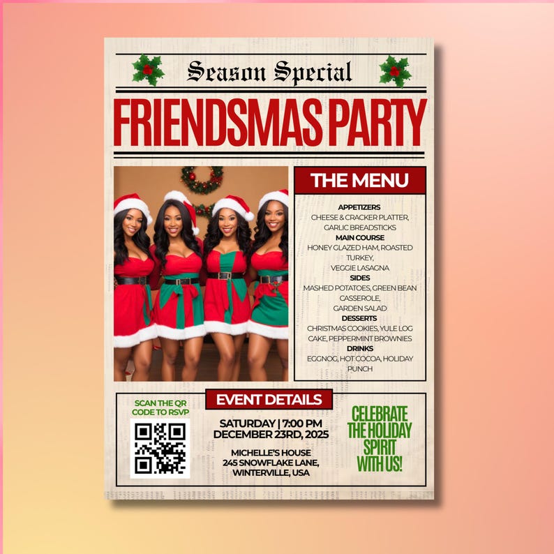 Christmas holiday flyer template, customizable Canva Friendsmas party card for digital invites.