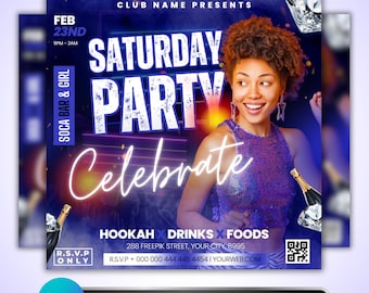 Saturday Party Flyer: Club Event Promo, Bar and Grill Nightlife Design, Canva Template