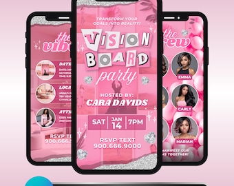 May include: Three smartphones displaying a pink Vision Board Party invitation. The central phone shows the event details, hosted by Cara Davids, with a date of January 14th at 7 PM. The design includes text: "Transform your goals into reality!" and "Editable template on Canva."