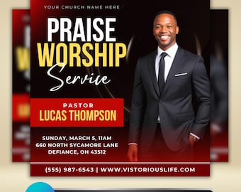 Praise Worship Flyer: Church Service Event, Sunday Ministry Promotion, Pastor Invitation, Editable Canva Template