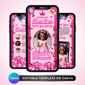 Inbjudan till modedocka: Animerad videoinbjudan till rosa glitterglamorös tjejfest, Canva-mall