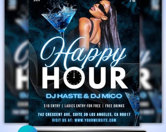 Happy Hour Flyer: Bar Nightclub Lounge DJ Drink Specials Night Event Promo Canva Template