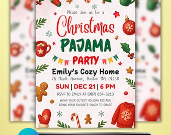 Christmas Pajama Party Invitation: Holiday Sleepover & Family Xmas Party Invite, Canva Template
