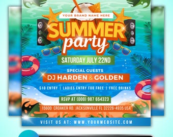 Summer Party Flyer: Beach Pool Event DJ Nightclub Promotion Template, Tropical Club Canva Template