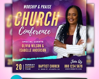 Church Conference Flyer: Worship Praise Event Promo, Christian Ministry Editable Digital Canva Template Design