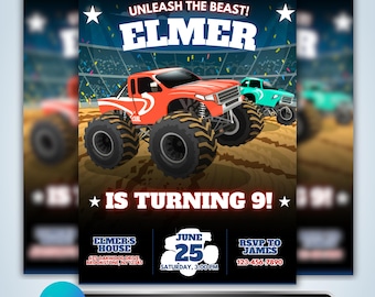 Faire-part d'anniversaire Monster Truck : fête des garçons, conception de course tout-terrain, modèle de toile modifiable