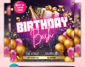 Birthday Party Flyer: Pink Gold Bash Invitation, Club Night Event Poster, Editable Canva Template
