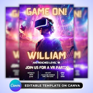 May include: A vibrant invitation for a VR party, featuring a person wearing a VR headset. The design includes the text "GAME ON!" and "WILLIAM" with event details. The background is a futuristic cityscape with purple and pink hues.