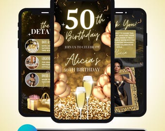50th Birthday Animated Invitation: Black & Gold Luxury Party Video Evite, Editable Canva Template