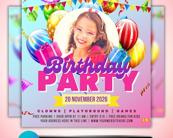 Kids Birthday Party Flyer: Children’s Event Invitation, Birthday Bash Celebration, Canva Editable Template