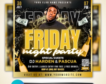 Friday Night Party Flyer: Club Event DJ, Nightclub Promo, Black Gold Canva Template Design