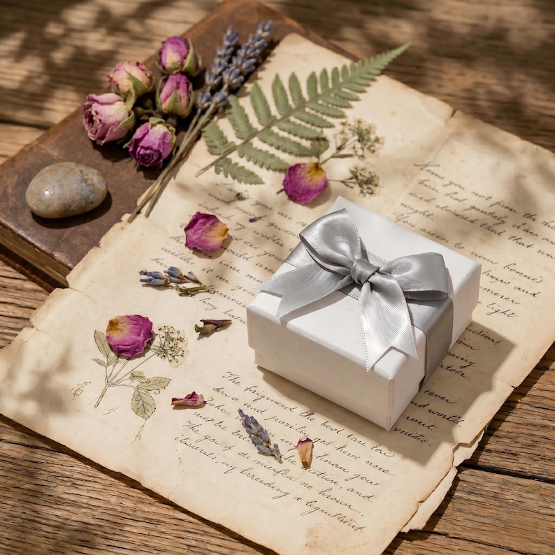 K&ouml;nnte beinhalten: Eine wei&szlig;e Geschenkbox mit silberner Satinschleife liegt auf gealtertem Papier mit handschriftlichem Text. Getrocknete Rosenknospen, Lavendel und ein Farnblatt sind um die Box herum angeordnet.