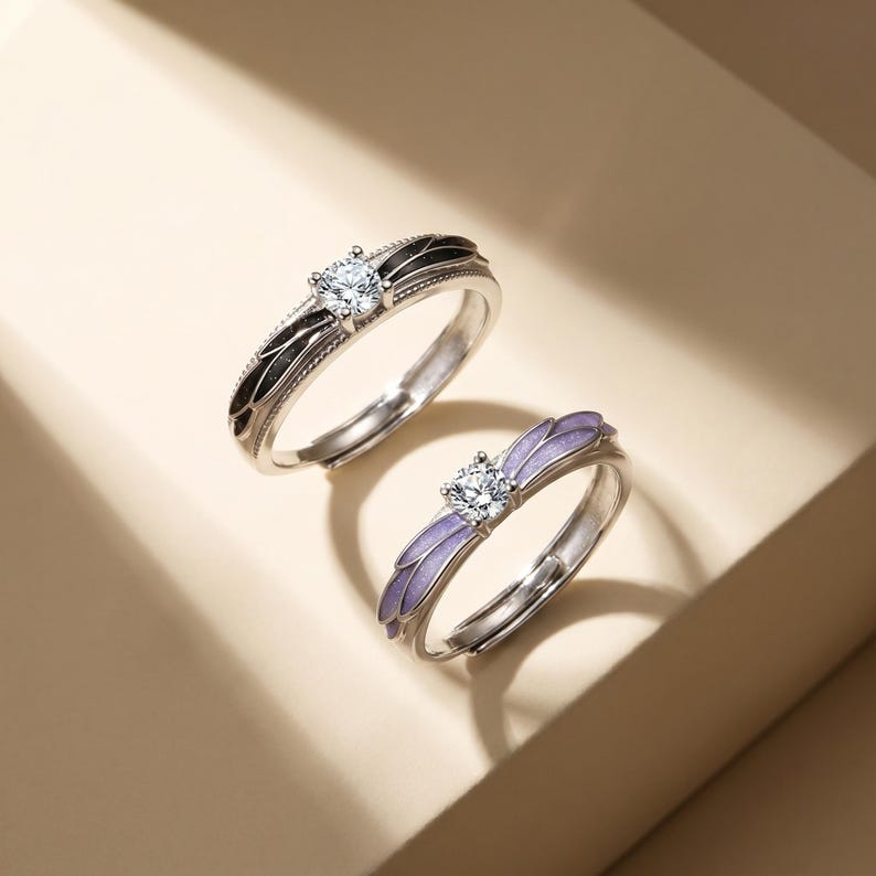 Engelsflügel Paar Ringe • Passende verstellbare offene Ringe, Emaille, funkelnder Stein Bild 5
