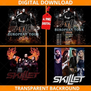 Peut inclure: Téléchargement numérique avec quatre designs Skillet. Comprend une affiche de la tournée européenne avec les dates et les lieux, une photo de groupe avec des ailes de feu et des images de membres individuels du groupe. Le texte comprend "European Tour 2026" et "Transparent Background."