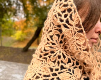 かぎ針編みのパターン レース トライアングル ショール、ボヘミアン スカーフ バンダナ ヘッドスカーフ、モジュラー かぎ針編み モチーフ、ビデオチュートリアル付き PDF パターン