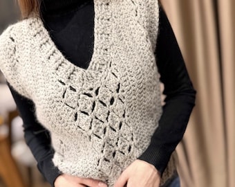 かぎ針編みのボヘミアンベスト - 暖かいレディース用、装飾ステッチ入り、あらゆるサイズ、詳細なPDFパターンとビデオチュートリアル