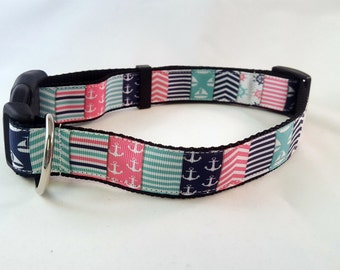 Dog Collar - Adjustable - Pink and Blue Anchors Nautical Print