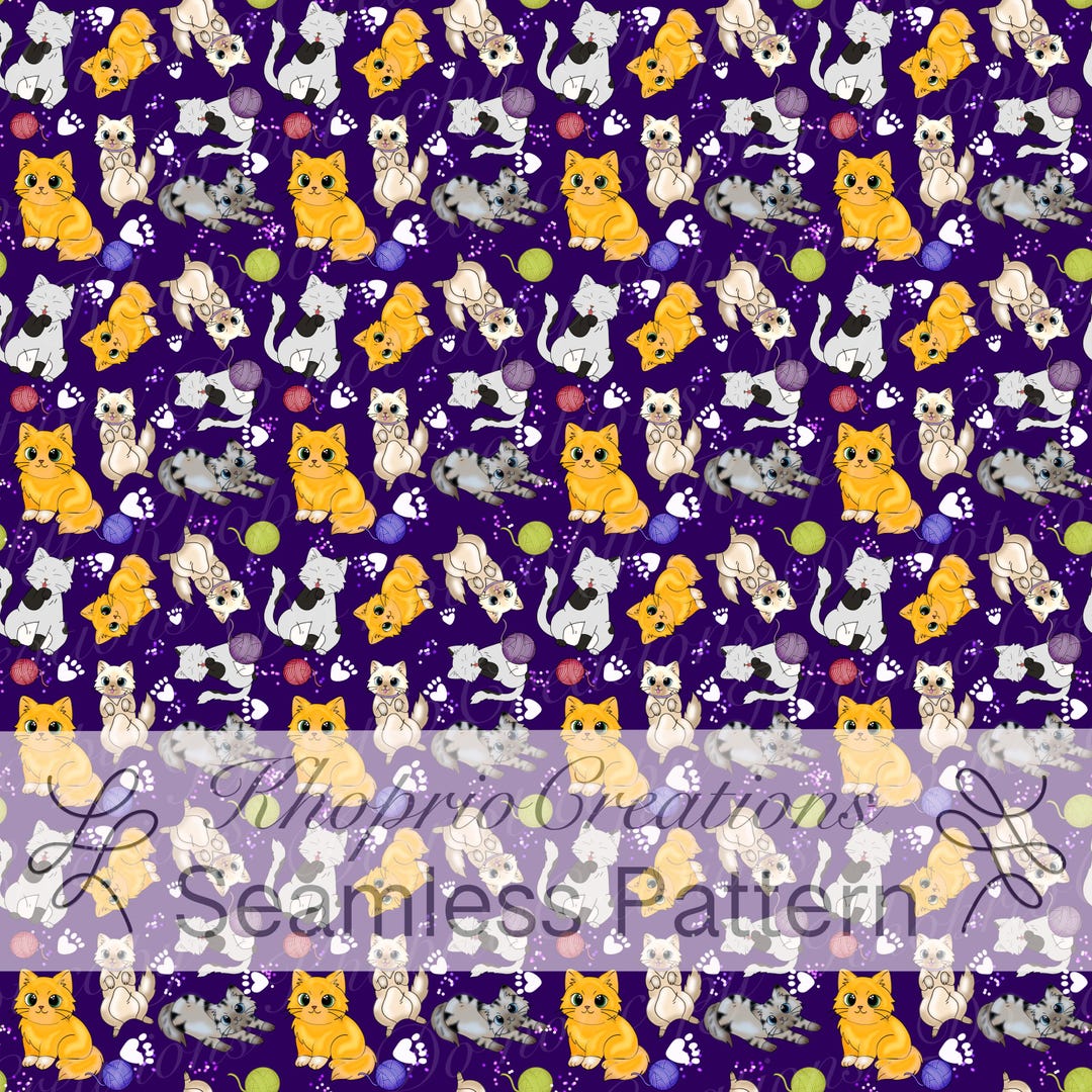 Playful Cat Pattern Kitten Seamless Pattern – Playful Cats, Yarn, Paw Prints (digital ...