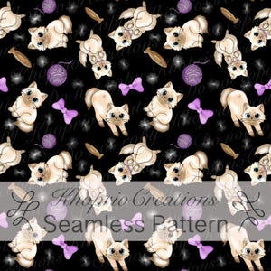 May include: Seamless pattern featuring playful cartoon cats in various poses, along with purple yarn balls, bow ties, and fish-shaped toys, set against a black background. The design includes the text "Khoprio Creations Seamless Pattern".