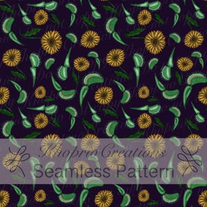 Può includere: Motivo senza cuciture con dionee verdi e girasoli gialli su sfondo viola scuro. Il design include piante e fiori di varie dimensioni, creando un motivo botanico ripetitivo. Il testo "Khoprio Creations Seamless Pattern" è visibile.