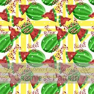May include: Seamless pattern featuring green watermelons, red watermelon slices, and candy canes on a yellow and white striped background. The word "Sweet" is written in a cursive font. The pattern is repeated across the image.