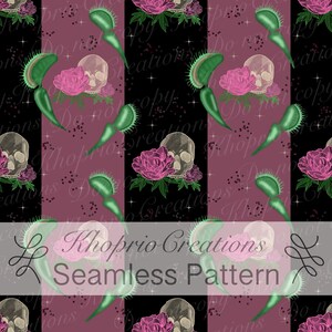 May include: Seamless pattern featuring a repeating design of skulls, pink flowers, and green Venus flytraps on a black and mauve background. The pattern includes the text "Khoprio Creations Seamless Pattern".