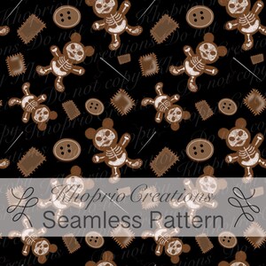 May include: Seamless pattern featuring brown teddy bears with skeleton designs, buttons, patches, and needles on a black background. The text "Khoprio Creations Seamless Pattern" is displayed at the bottom.