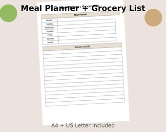 Planificador de comidas + Lista de la compra imprimible / Planificador de comidas semanal / A4 + PDF tamaño carta / Descarga instantánea / Planificador de cocina minimalista