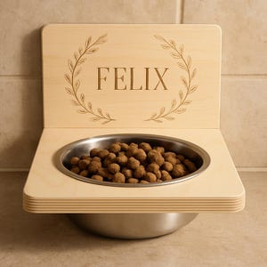 Personalized Wall Mounted Wooden Pet Feeder, Custom Dog Cat Food Bowl Stand, Engraved Name Elevated Feeding Station for Pets, Pet Bowl Stand