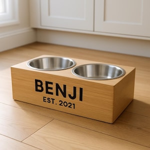 Personalized Wooden Dog Bowl Stand, Custom Engraved Elevated Double Feeder, Raised Pet Feeding Station for Cats & Dogs, Dog House Furniture