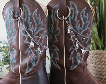 Silver Boot Bling Jewelry, Country Concerts, Cowboy Boot Accessories, Cowgirl Boot Silver Boot Chains with Western Charms, Rodeo Fashion