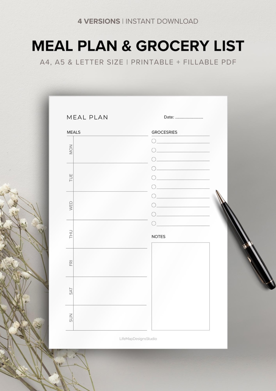 Weekly Meal Plan & Grocery List – Printable + Fillable PDF (A4, A5 ...