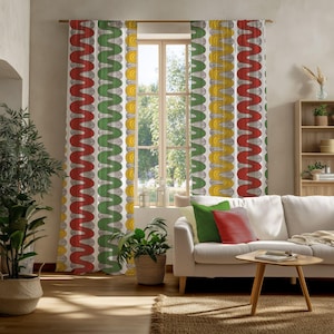 Vågiga randiga gardinpaneler från 70-talet, geometriska draperier i modern stil med mitten av århundradet