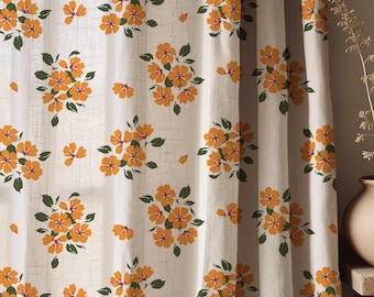Vintage Floral Linen Curtain, Orange Flower Drapes, Botanical Window Panel, Custom Size Boho Curtain, Farmhouse Living Room Decor