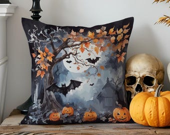 Halloween Haunted Tree Pillow Cover: Spooky Pumpkin Patch Cushion