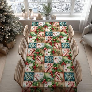 Julduk av polkagrisstång – Färgglatt jullapptäcke med järneksblad, snöflingor och pepparmyntsmotiv