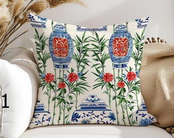 Chinoiserie Bambuskissenbezug, chinesisches Porzellandekorkissen