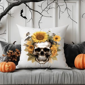 Skull and Sunflower Pillow Cover - Gothic Halloween Cushion with Bees for Spooky Decor