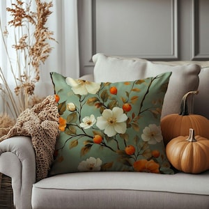 Green Floral Fall Pillow Cover: Rustic Farmhouse Autumn Decor